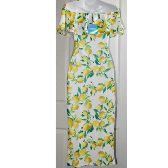 Host Pic🎉Yellow lemon print bardot dress Small/Me - Picture 6 of 8